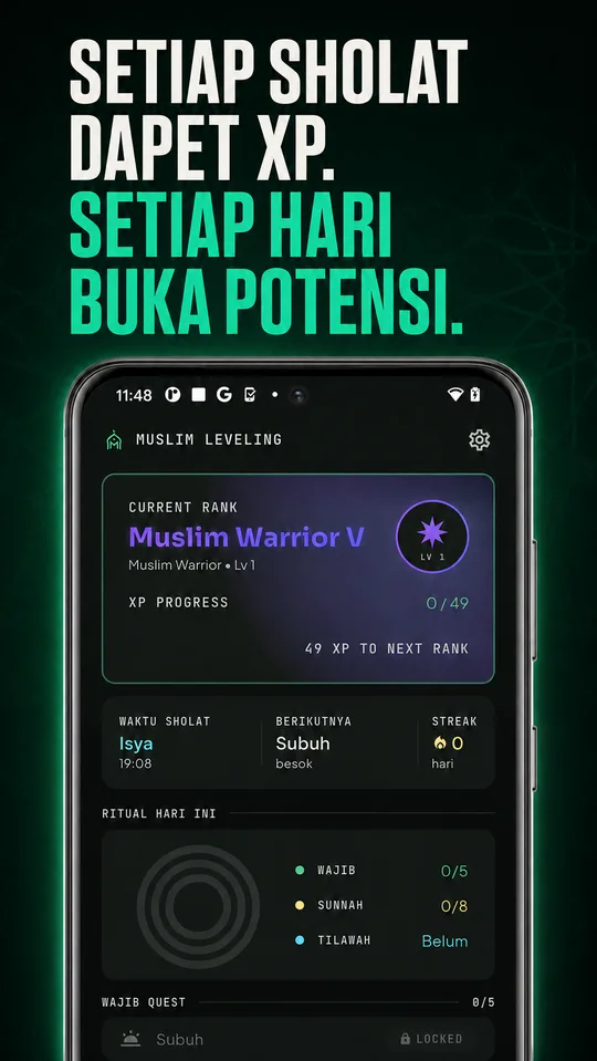 Muslim Leveling home screen with daily worship quests, XP, rank, and a next step.